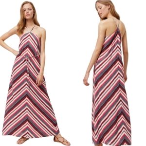 Ann Taylor Halter Chevron Maxi Dress Belted Sleeveless xxsp